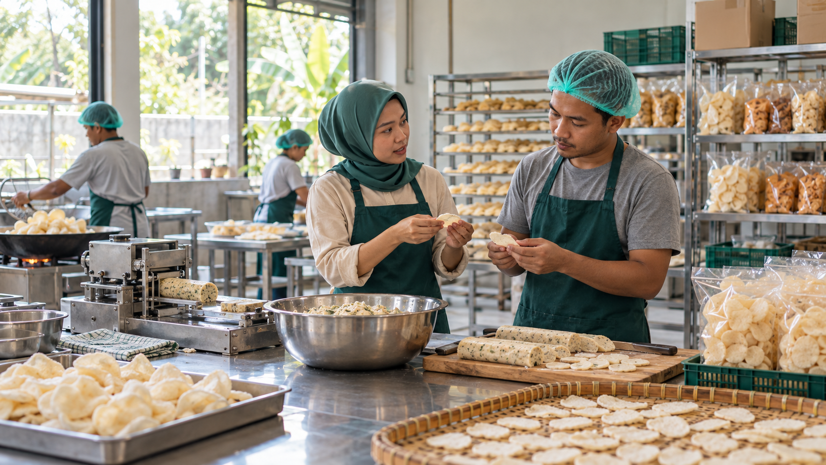 Pemilik usaha memeriksa produksi kerupuk di workshop Indonesia